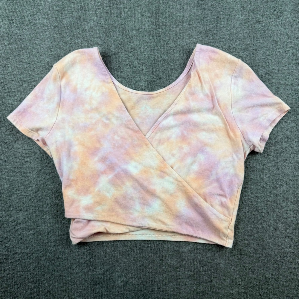 Aeropostale Crop Top Women's Size M Pink Tie Dye Wrap Front Short Sleeve Shirt